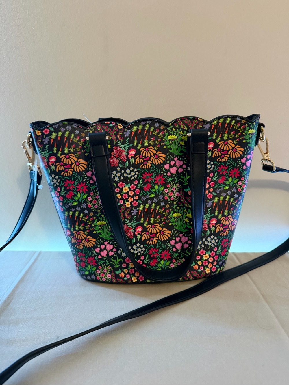 Betsey Johnson Black Floral Tote with Multicolor Blooms and Charm - Picture 5 of 7